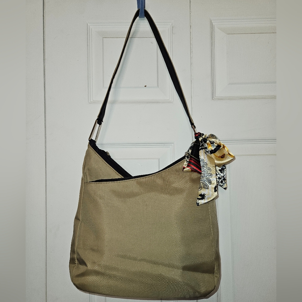 #586- Tan And Brown Microfiber Shoulder Bag w Satin Twirly Bow